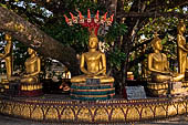 Vientiane, Laos - Pha That Luang, among the other structures on the ground there is a circular platform surrounding a large Bodhi tree contains Buddha images in several mudras.  